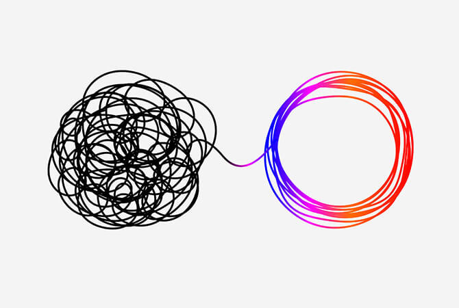 scrambled lineart detangled into circle of rainbow thread